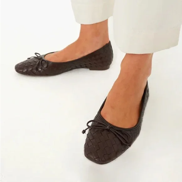 SCHUTZ Dark Chocolate Arissa Flats, Brown Woven Ballet Flats - Picture 2 of 7